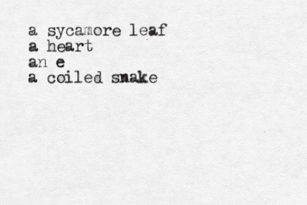 a sycamore leaf a heart an e a coiled snake 