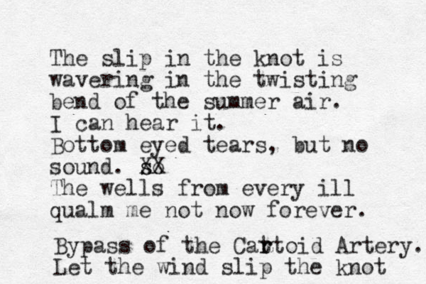 The slip in the knot is wavering in the twisting bend of the summer air. I can hear it. Bot tom eyed tears, but no sound. so s XX The wells from every ill qualm me not now forever. Bypass of the Cat r rtoid Artery. Let the wind slip the knot 