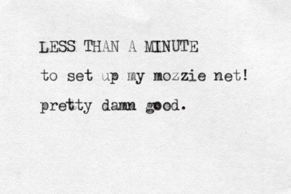 LESS THAN A MINUTE to set up my mozzie net! pretty damn good. 