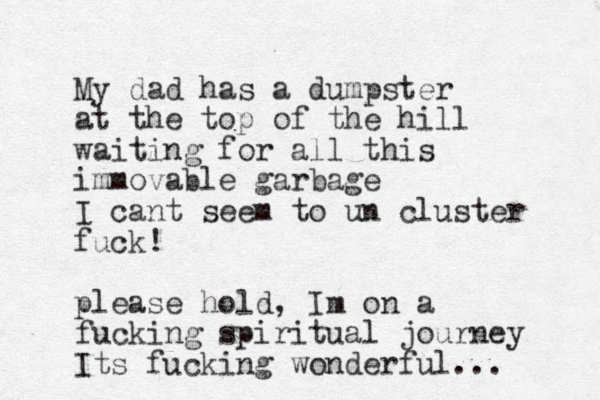 My dad has a dumpster at the top of the hill waiting for all this immovable garbage I cant seem to un cluster fuck! please hold, Im on a fucking spiritual journey Its fucking wonderful... 