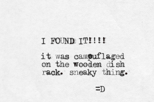 I FOUND IT!!!! it was campuflaged on the wooden dish rack. sneaky thing. o =D 
