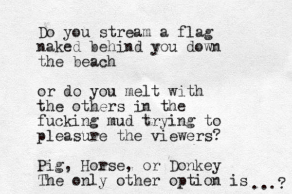 Do you stream a flag naked behind you down the beach or do you melt with the others in the fucking mud trying to pleasure the viewers? Pig, Horse, or Donkey The only other option is ...? 