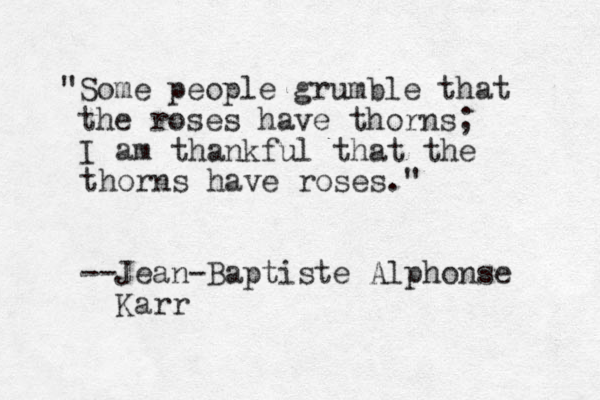"Some people grumble that the roses have thorns; I am thankful that the thorns have roses." --Jean-Baptiste Alphonse Karr
