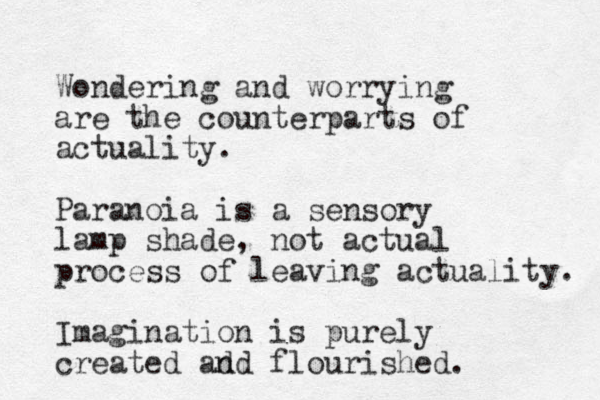 Wondering and worrying are the counterparts of actuality. Paranoia is a sensory lamp shade, not actual process of leaving actuality. Imagination is purely created ad nd flourished.