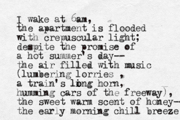 I wake at 6am, the apartment is flooded with crepuscular light; despite the promise of a hot summer's day-- the air filled with music (lumbering lorries , a train's ling lo o horn, humming cars of the freeway), the sweet warm scent of honey-- the early morning chill breeze 