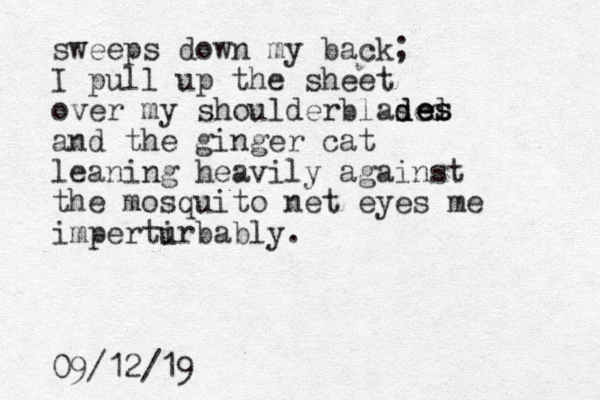 sweeps down my back; I pull up the sheet over my shoulderblas d ded and the ginger cat leaning heavily against the mosquito net eyes me imperti urbably. 09/12/19 e es es s 