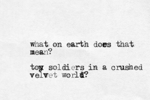 what on earth dors that e e mean? tou y y soldiers in a crushed velvet worlt d d?