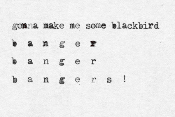 gonna make me some blackbird b a n g e r b a n g e r b a n g e r s ! 