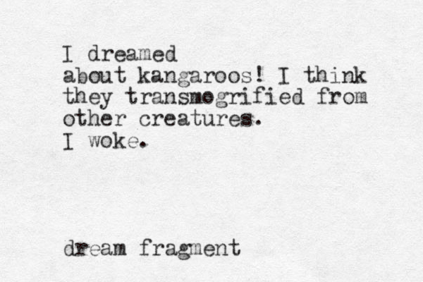I dreamed about kangaroos! I think they transmogrified from other creatures. I woke. dream fragment