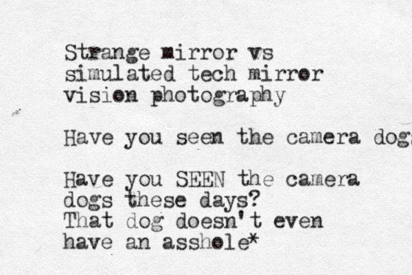Strange mirror vs simulated tech mirror vision photography Have you seen the camera dogs Have you SEEN the camera dogs these days? That dog doesn't even have an asshole* 