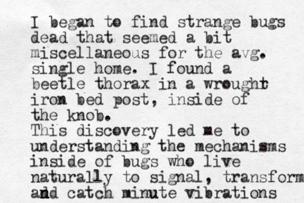 I began to find strange bugs dead that seemed a bit miscellaneous for the avg. single home. I found a beetle thorax in a wroughr t iron bed post, inside of the knob. This discovery led me to understanding the mechanisms inside of bugs who live naturally to signal, transform ad n nd catch mi u nute vibrations 