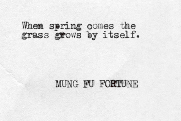 When spring comes the grass grows by itself. MUNG FU FORTUNE