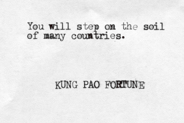 You will step on the soil of many countries. KUNG PAO FORTUNE 