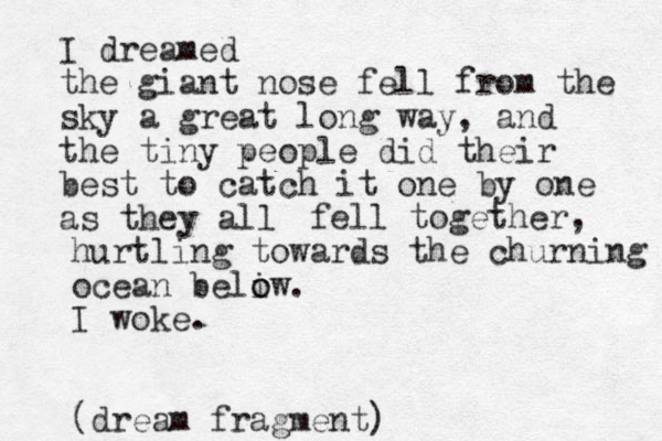 I dreamed the giant nose fell from the sky a great long way, and the tiny people did their best to catch it one by one as they all fell together, hurtling towards the churning ocean beliw. o o I woke. (dream fragment)