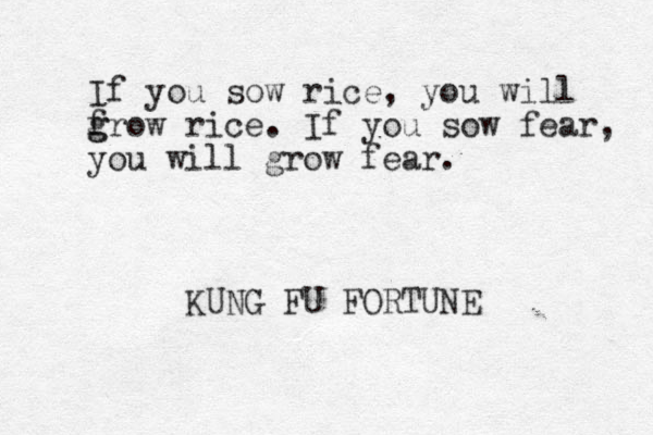 If you sow rice, you will f g grow rice. If you sow fear, you will grow fear. KUNG FU FORTUNE