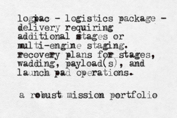 logi pac - logistics package - delivery requiring additional stages or multi-engine staging. recovery plans for stages, wadding, payload(s), and launch pad operations. a robust mission portfolio 