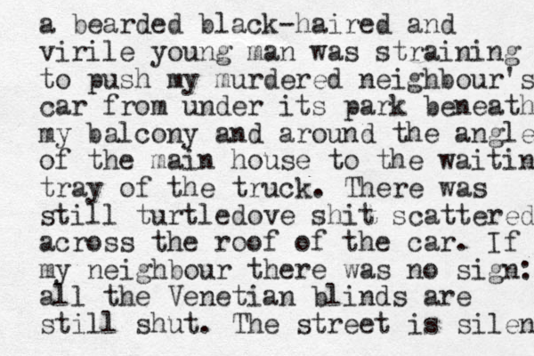 a bearded black-haired and virile young man was straining to push my murdered neighbour's car from under its park beneath my balcony and around the angle of the main house to the waiting tray of the truck. There was still turtledove shit scattered across the roof of the car. If my neighbour there was no sign: all the Venetian blinds are still shut. The street is silent 