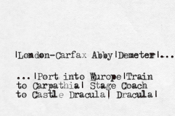 |London-Carfax Abby|Demeter|... ...|Port into W Europe|Train to Carpathia| Stage Coach to Castle Dracula| Dracula| 