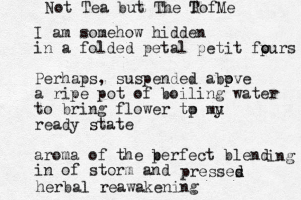 I am somehow hidden in a folded petal petit fpur o s o Perhaps, suspended abp ove a ripe pot of boiling water to bring flower tp o mu y ready state aroma of the b perfect blend in of storm and ing presses d d herbal reawakening Not Tea but The R Tof Me 