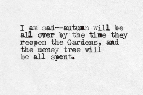 I am sad--autumn will be all over by the time they reopen the Gardens, and the money tree will be all spent. 