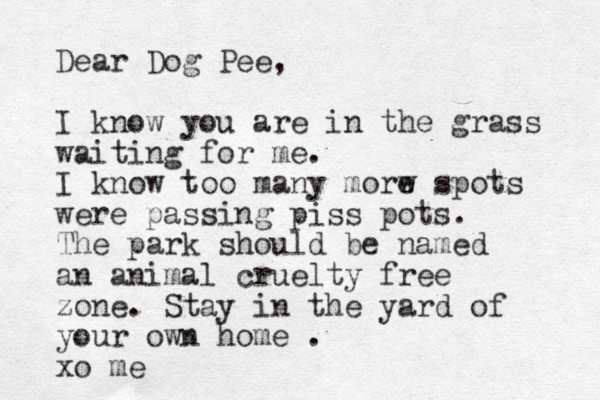 Dear Dog Pee, I know you are in the grass waiting for me. I know too many morw e spots were passing piss pots. The park should be named an animal cruelty free zone. Stay in the yard of your own home . xo me 