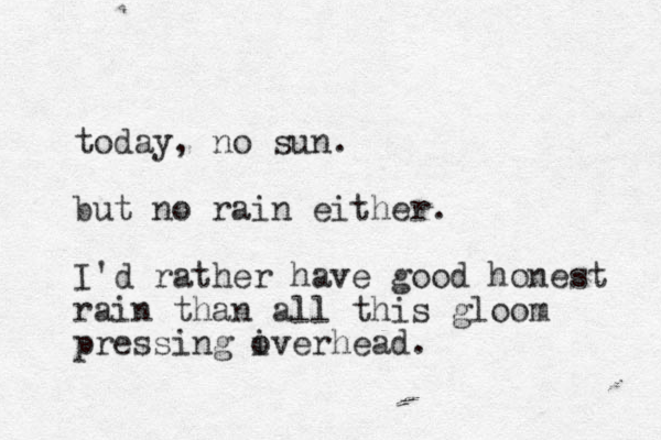 today, no sun. but no rain either. I'd rather have good honest rain than all this gloom pressing i overhead. 