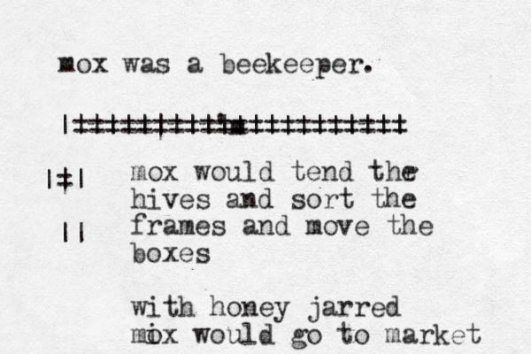 mox was a beekeeper. |||||||||||||||||||||| 'm ===================== = ||| || mox would tend thr e hives and sort the frames and move the boxes with honey jarred mix o would go to market 
