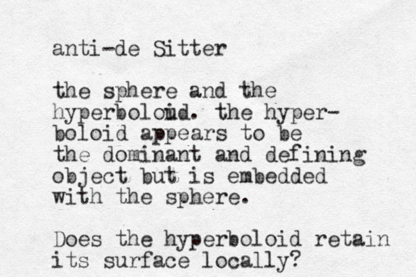 anti-de Sitter the sphere and the hyperboloud i . the hyper- boloid appears to be the dominant and defining object but is embedded with the sphere. Does the hyperboloid retain its surface locally?
