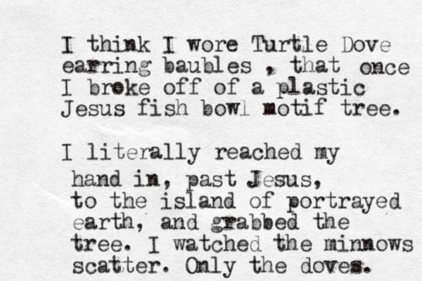 I think I wore Turtle Dove earring baubles , that I broke off of a plastic Jesus fish bowl motif tree. I literally reached my once hand in, past Jesus, to the island of portrayed earth, and grabbed the tree. I watched the minnows scatter. O nly the doves. 