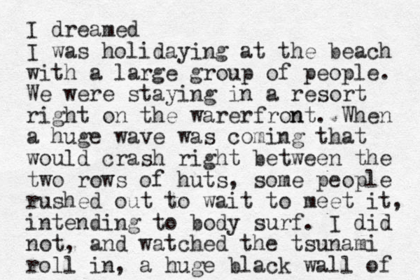 I dreamed I was holidaying at the beach with a large group of people. We were staying in a resort right on the warerfront n . When a huge wave was coming that would crash right between the two rows of huts, some people rushed out to wait to meet it, intending to body surf. I did not, and watched the tsunami roll in, a huge black wall of 