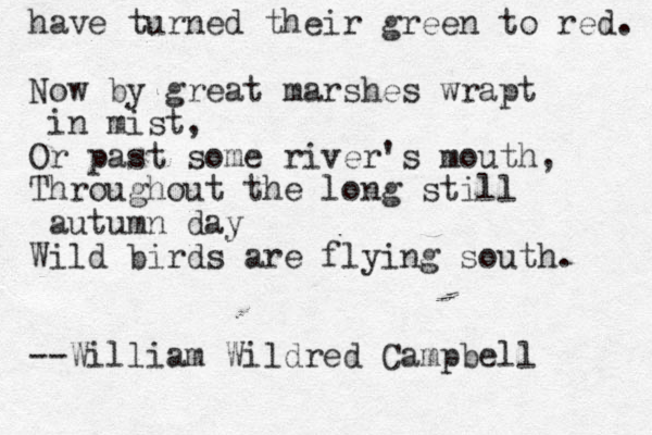 have turned their green to red. Now by great marshes wrapt in mist, Or past some river's mouth, Throughout the long still autumn day Wild birds are flying south. --William Wildred Campbell 