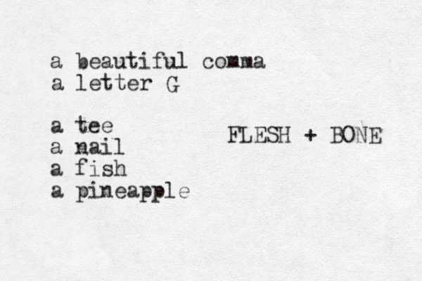a beautiful comma a letter G a tee a nail a fish a pineapple FLESH + BONE 