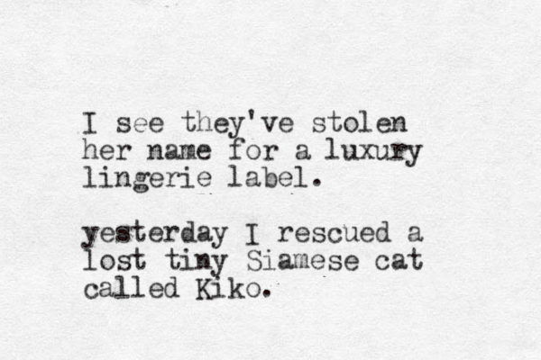 I see they've stolen her name for a luxury lingerie label. yesterday I rescued a lost tiny Siamese cat called Kiko. 