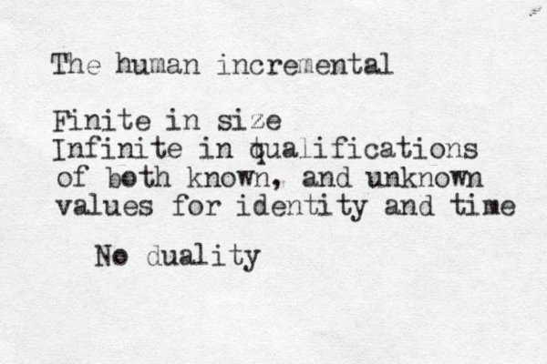 The human incremental Finite in size z Infinite in t qualifications No duality of both known, and unknown values for identity and time 