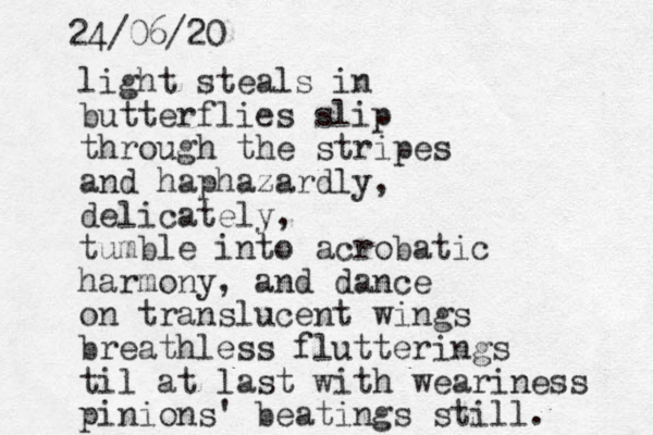 light steals in butterflies slip through the stripes and haphazardly, delicately, tumble into acrobatic harmony, and dance on translucent wings breathless flutterings til at last with weariness pinions' beatings still. 24/06/20