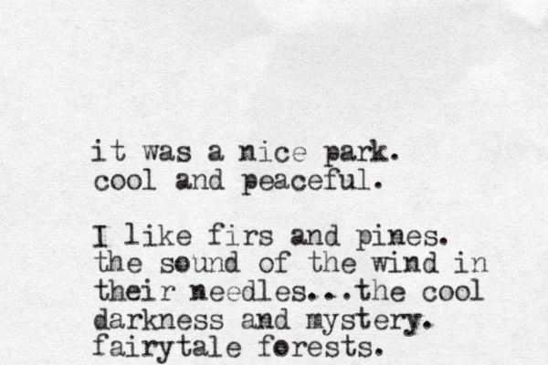 it was a nice park. cool and peaceful. I like firs and pines. the sound of the wind in their needles...the cool darkness and mystery. fairytale forests. 