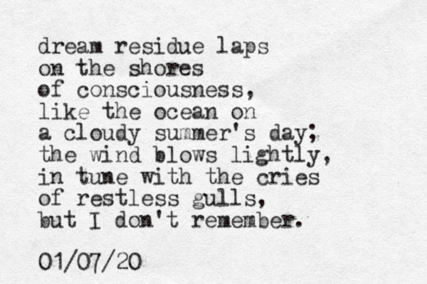 dream residue laps on the shores of consciousness, like the ocean on a cloudy summer's day; the wind blows lightly, in tune with the cries of restless gulls, but I don't remember. 01/07/20