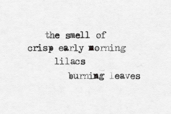 the smell of crisp early morning lilacs burning leaves 