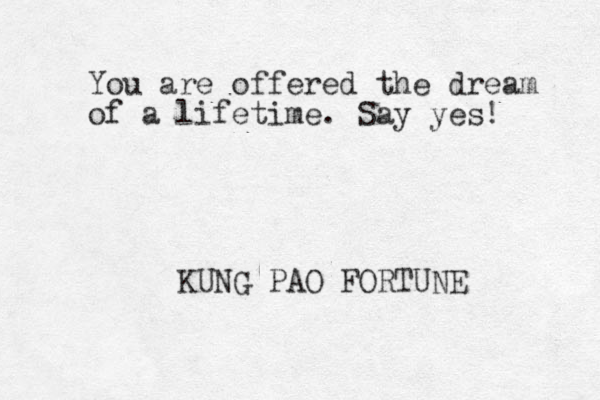You are offered the dream of a lifetime. Say yes! KUNG PAO FORTUNE 