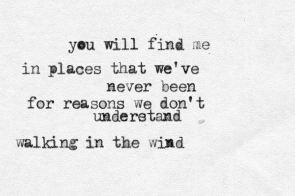 you will find me in places that we've never been for reasons we don't undere stand walking in the wind 