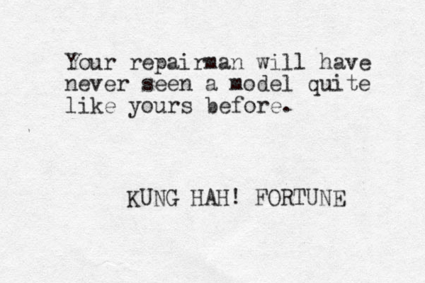 Your repairman will have never seen a model quite like yours before. KUNG HAH! FORTUNE 