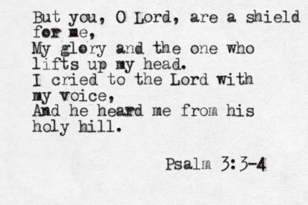But you, O Lord, are a shield for me, My glory and the one who lifts up my head. I cried to the Lord with my voice, And he heard me from his holy hill. Psa lm 3:3-4 