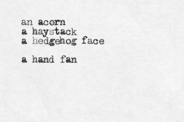 an acorn a haystack a hedgehog face a hand fan