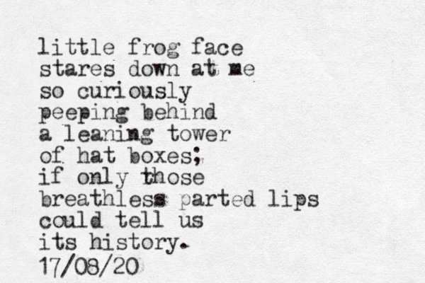 little frog face stares down at me so curiously peeping behind a leaning tower of hat boxes; if only rhose t breathless parted lips could tell us its history. 17/08/20