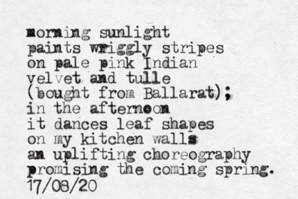 morning sunlight paints wriggly stripes on pale pink I dian n velvet and tulle (bought from Ballarat), ; in the afternoon it dances leaf shapes on my kitchen walls an uplifting choreography promising the coming spring. 17/08/20