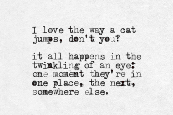 I love the way a cat jumps, don't you! ? it all happens in the twinkling of an eye: one moment they're in one place, the next, somewhere else. 