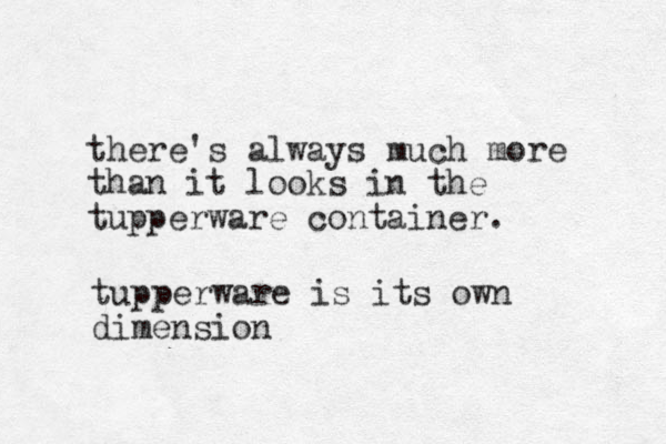 there's always much more than it looks in the tupperware container. tupperware is its own dimension