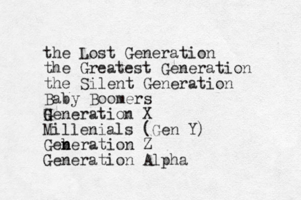 the Lost Generation the Greatest Generation the Silent Generation Baby Boomers H G G Generation X Millenials (Gen Y) Geber n n ation Z Generation Alpha 