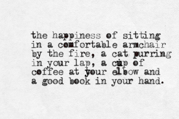 the happiness of sitting in a comfortable armchair by the fire, a cat purring in your lap, a ci u up of coffee at tour y y elbow and a good book in your hand. 