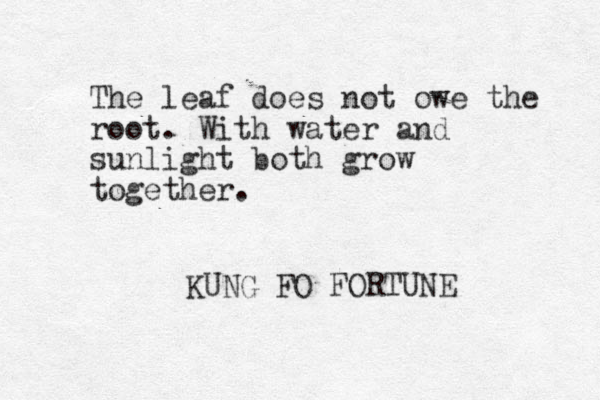 The leaf does not owe the root. With water and sunlight both grow together. KUNG FO FORTUNE 